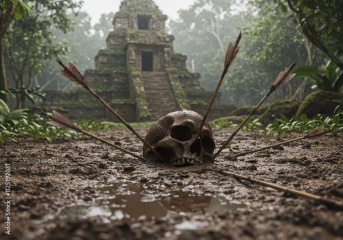 Dirt covered skeleton skull of a slain tomb raider in wet mud pierced with arrows near ancient temple in the misty jungle