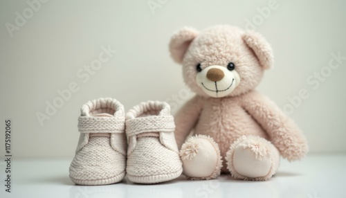 Baby shoes beside plush teddy bear in a soft pastel setting