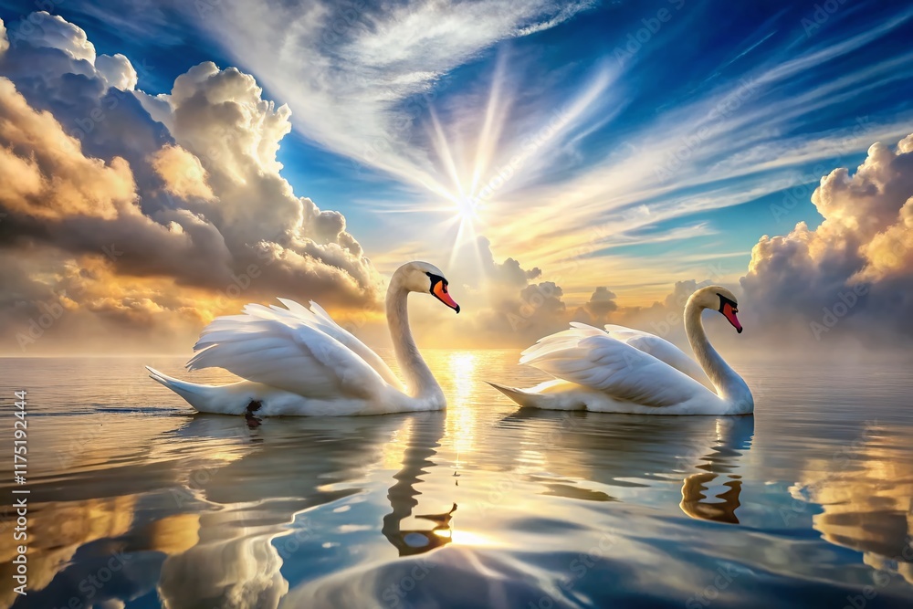 Obraz premium Serene Swans: Elegant Birds Gracefully Gliding on a Calm Lake at Sunset