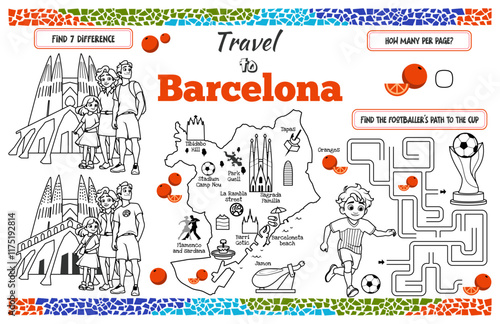 A fun placemat for kids. Printable “Travel to Barcelona” activity sheet with a labyrinth and find the differences. 17x11 inch printable vector file