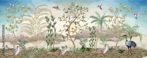 Chinoiseries style Seamless pattern with peonies trees, butterfly and birds, tropical tree, watercolor background.