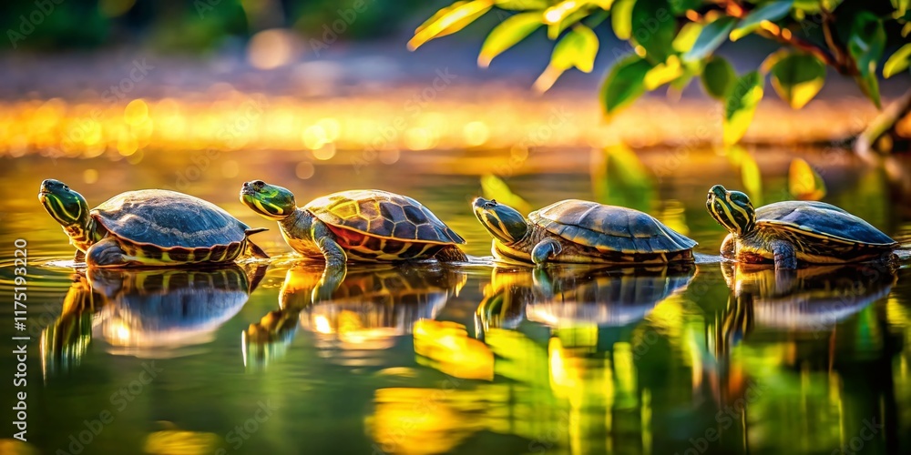 Fototapeta premium Serene Turtles Swimming in Calm Lake Water at Golden Hour