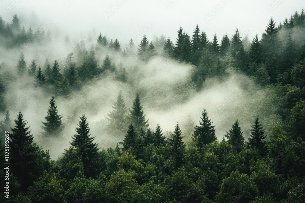 Fototapeta premium A tranquil forest landscape shrouded in mist, showcasing lush green trees and a serene atmosphere. Perfect for nature themes.