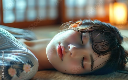 Relaxed Asian woman sleeping on tatami floor. Slow living morning routine concept. Slow cation, luxury leisure, restful unwind, tranquil relaxation, quiet mindful retreat, day off guilty pleasure photo