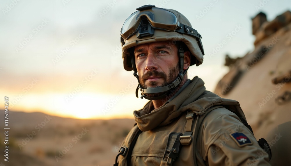 Naklejka premium Soldier,s gaze into the desert horizon at dusk preparing for deployment