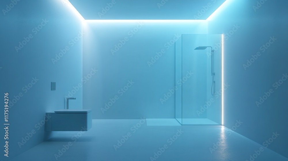 Fototapeta premium Modern bathroom with blue light and glass shower enclosure.