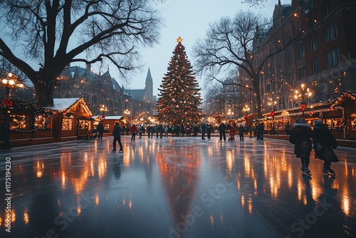 Enchanting Christmas Ice Rink: Festive Market and Illuminated Tree photo