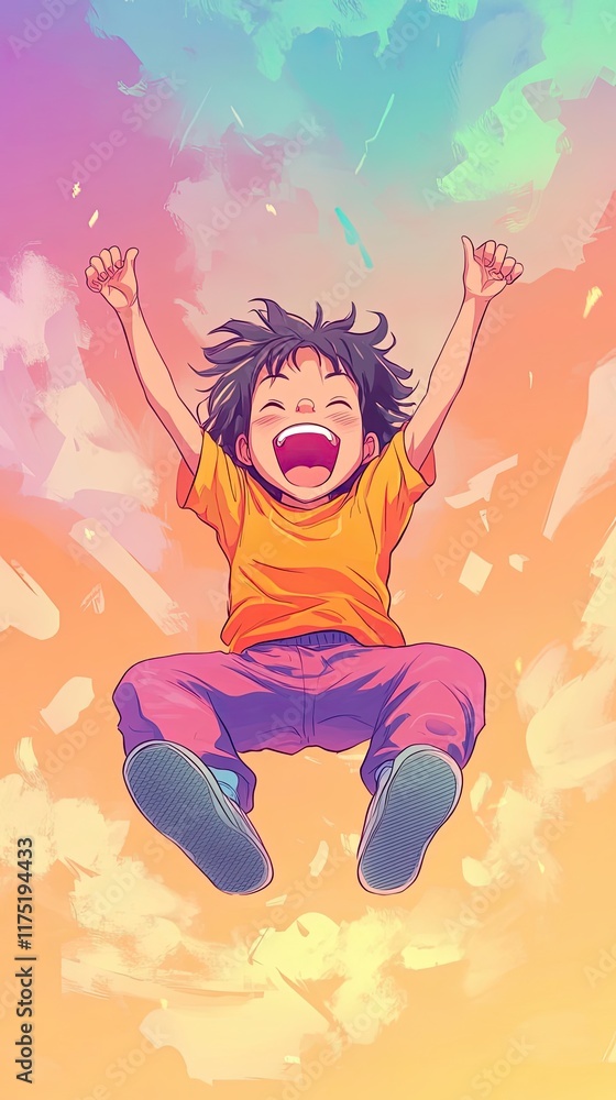 Joyful Child Soaring Through Pastel Sky Joyful Child Soaring Through Pastel Sky
