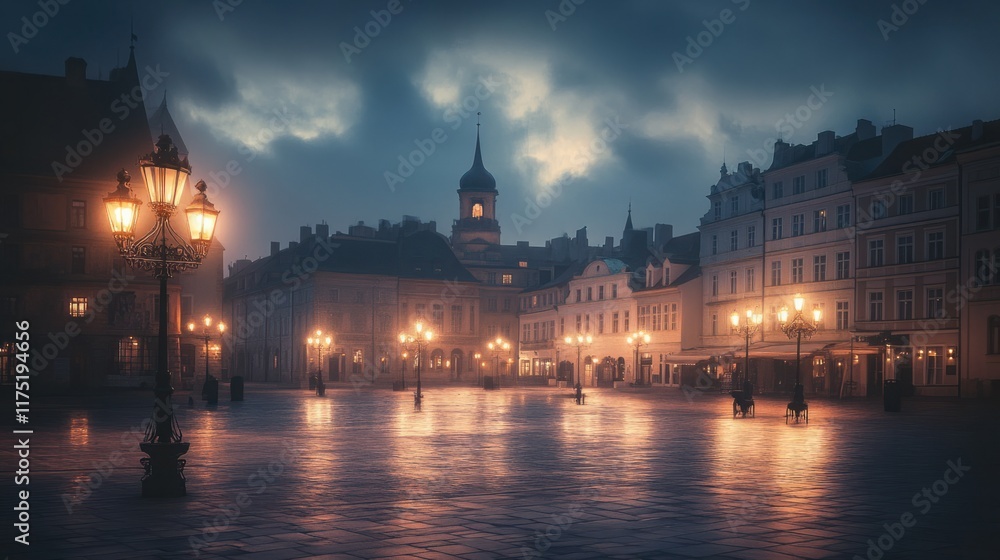 A tranquil panorama of the Old Town square at dusk, with glowing streetlights and a serene ambiance A tranquil panorama of the Old Town square at dusk, with glowing streetlights and a serene ambiance