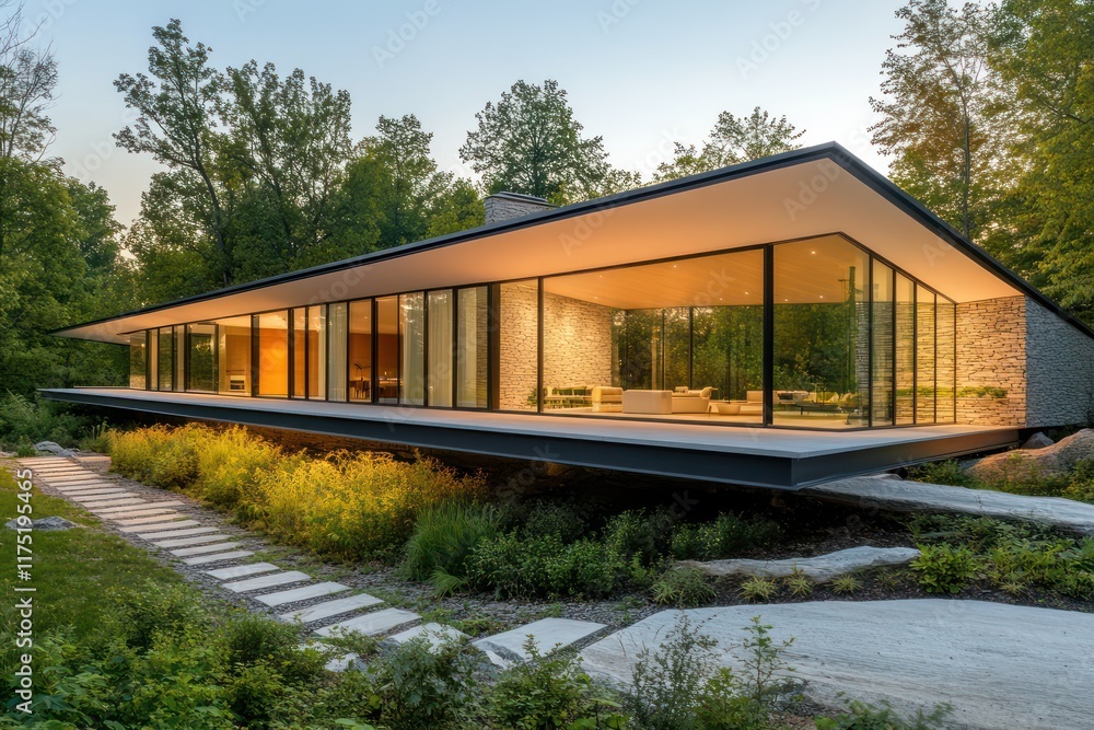 A sharp minimalist home with a cantilevered design, expansive glass walls, and subtle natural landscaping A sharp minimalist home with a cantilevered design, expansive glass walls, and subtle natural landscaping