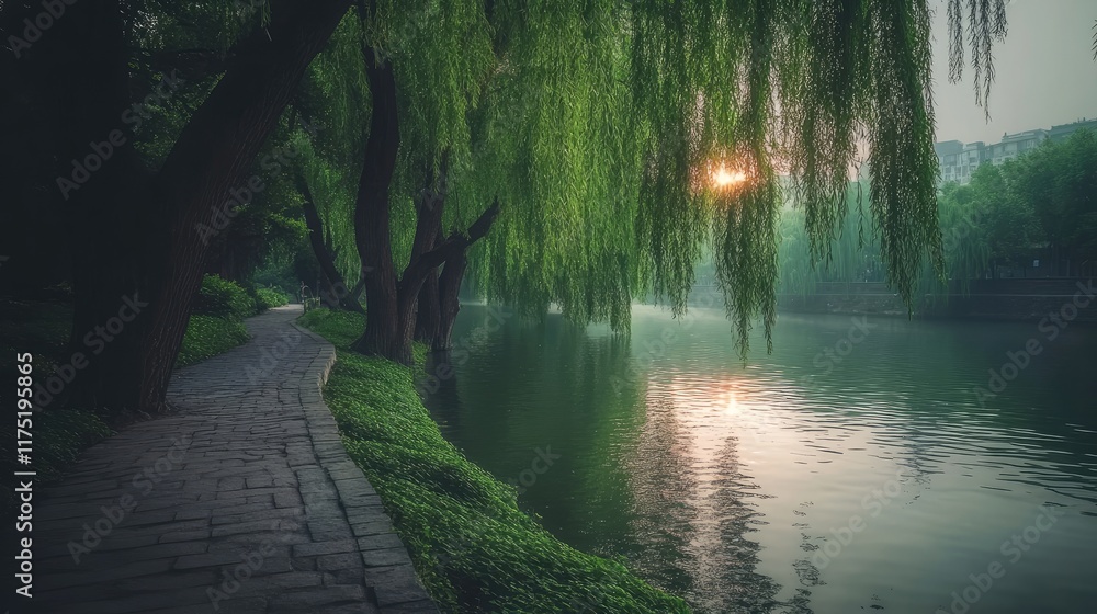 Fototapeta premium Serene Sunrise Canal Path Willow Trees