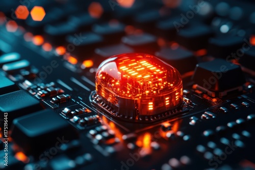 Close-up view of a glowing microchip on a circuit board during a high-tech project at a research facility photo