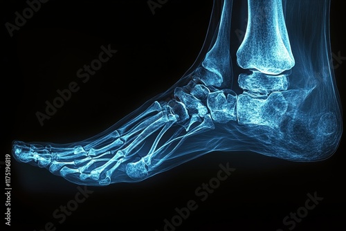 Detailed view of human foot anatomy showing bones and joints in an x-ray image taken in a medical setting photo