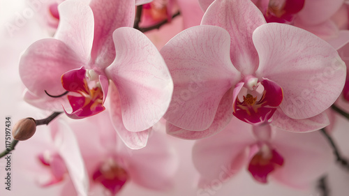 purple-pink orchids on a background of pink wallpaper