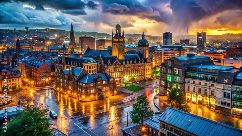 Obraz premium Sheffield Night Photography: Atmospheric Cityscape at Dusk