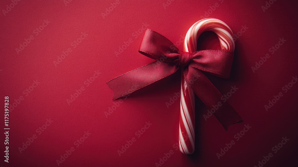 Colorful Candy Cane with Red Bow on Festive Background Colorful Candy Cane with Red Bow on Festive Background