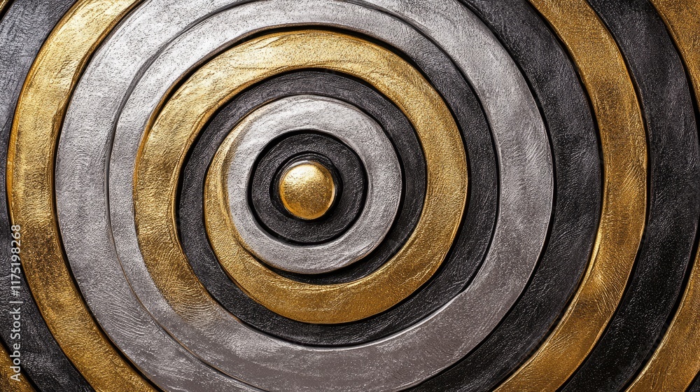 Concentric rings in metallic silver and gold, radiating outward on a black background for a luxurious look. Concentric rings in metallic silver and gold, radiating outward on a black background for a luxurious look.