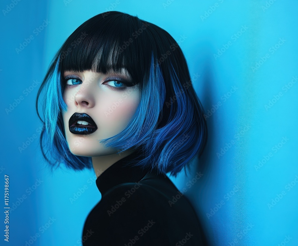 Unique hairstyle with bold color contrasts against a blue backdrop Unique hairstyle with bold color contrasts against a blue backdrop