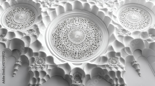 Intricate White Geometric Ceiling Pattern. Generative AI photo