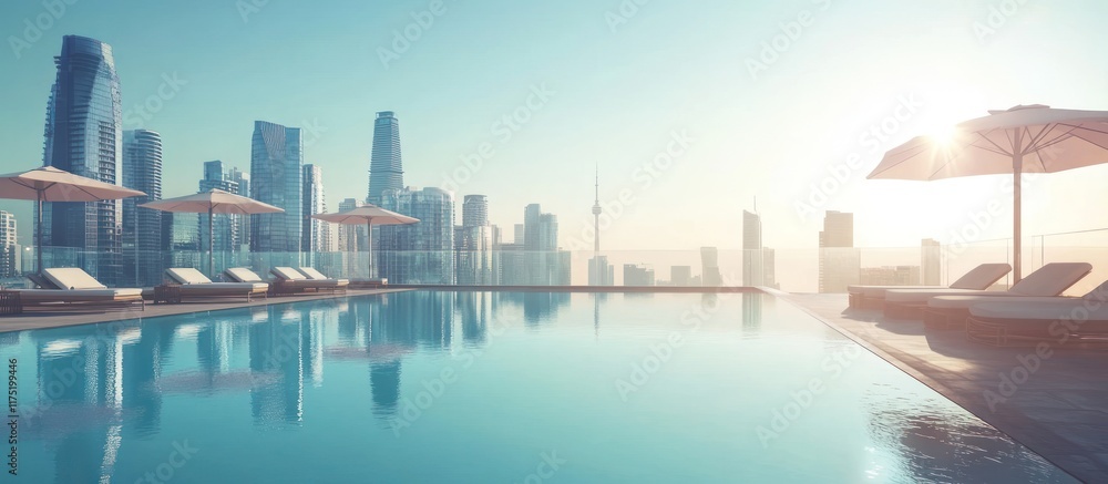 Obraz premium Rooftop pool overlooking city skyline at sunrise.