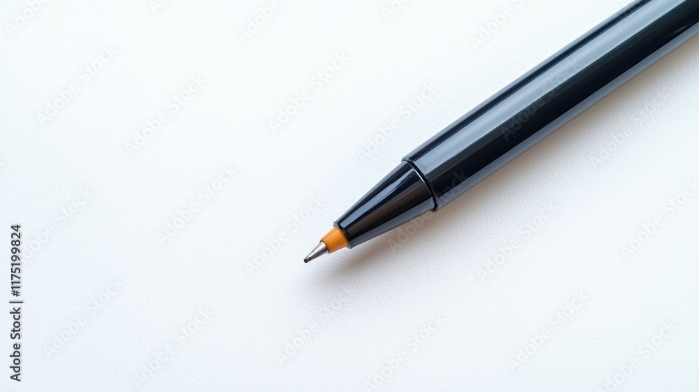 Office. A close-up of a black pen with a yellow tip on a clean white background. Office. A close-up of a black pen with a yellow tip on a clean white background.