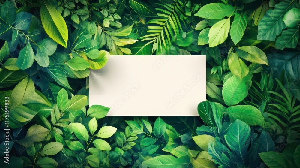 A Serene Greenery Backdrop Featuring a Blank White Banner Surrounded by Lush, Vibrant Leaves for Creative Projects and Designs.