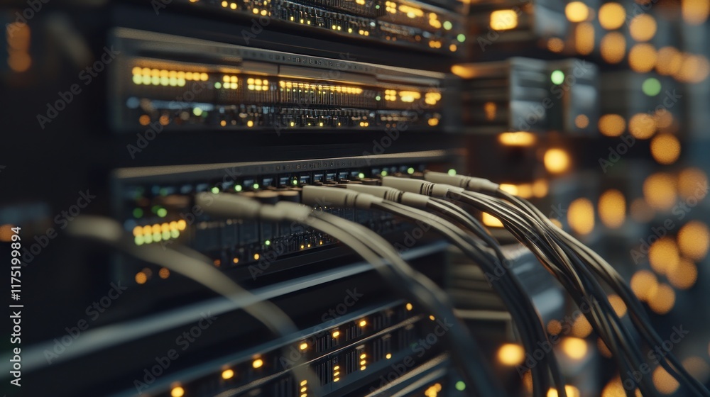 Obraz premium Server rack with cables and lights in a data center.