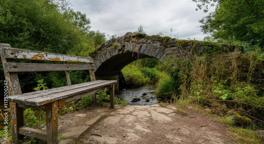 Fototapeta premium Old wooden bench by stone bridge over small stream in lush, green forest setting