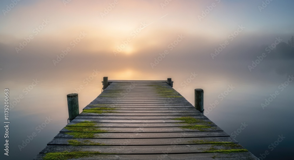Fototapeta premium Wooden pier over calm foggy lake at sunrise with serene atmosphere