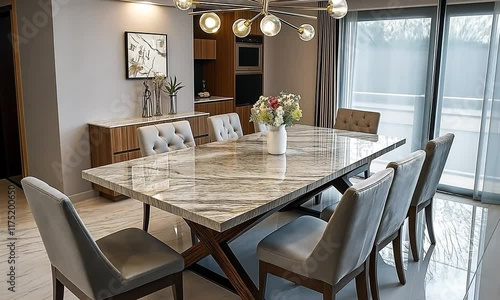 Modern dining room with table surrounded by chairs  photo