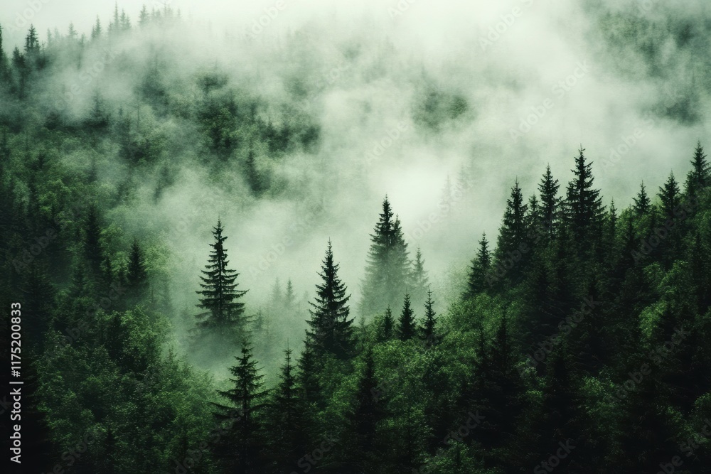 Misty forest landscape with tall trees shrouded in fog, creating a serene and mysterious atmosphere in nature. Misty forest landscape with tall trees shrouded in fog, creating a serene and mysterious atmosphere in nature.