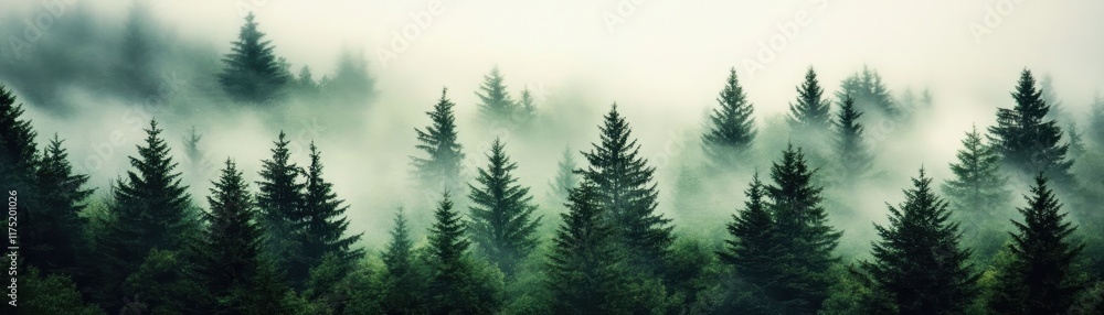Serene misty forest landscape with evergreen trees creating a calm and tranquil atmosphere. Serene misty forest landscape with evergreen trees creating a calm and tranquil atmosphere.