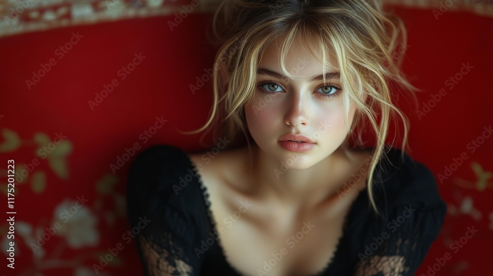 Elegant Blonde Woman on Red Background. Generative AI Elegant Blonde Woman on Red Background. Generative AI