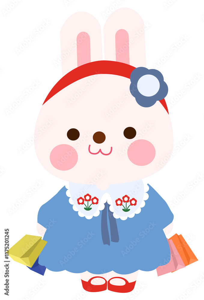 Bunny walks with shopping bags, she is shopping. Bunny walks with shopping bags, she is shopping.
