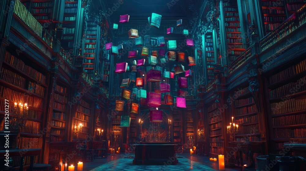 Obraz premium Enchanting Library With Floating Books Illuminates The Night