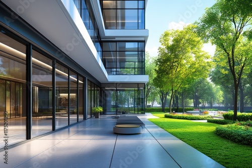 Wallpaper Mural A sleek and modern apartment building with floor-to-ceiling windows and a vibrant green courtyard Torontodigital.ca