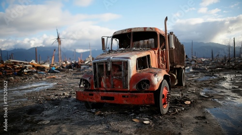 A rusty, old truck abandoned in a desolate wasteland setting, symbolizing decay and the passage of time amid a landscape once vibrant now in ruins and forgotten. photo