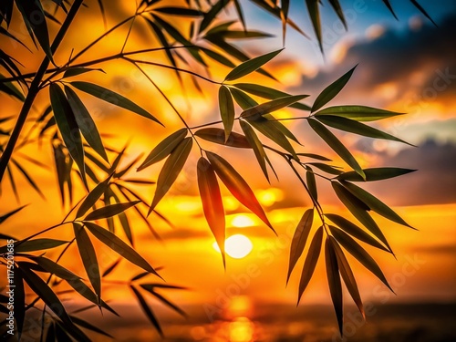 Silhouetted Bamboo Leaves Against Sunset, Nature Background Stock Photo photo