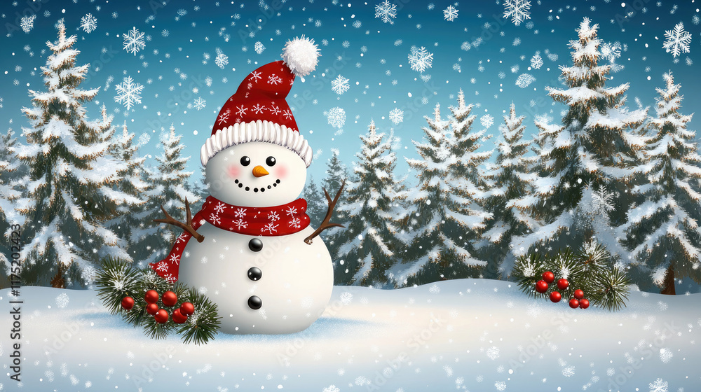 Cheerful Snowman in Winter Wonderland with Snowy Background Cheerful Snowman in Winter Wonderland with Snowy Background