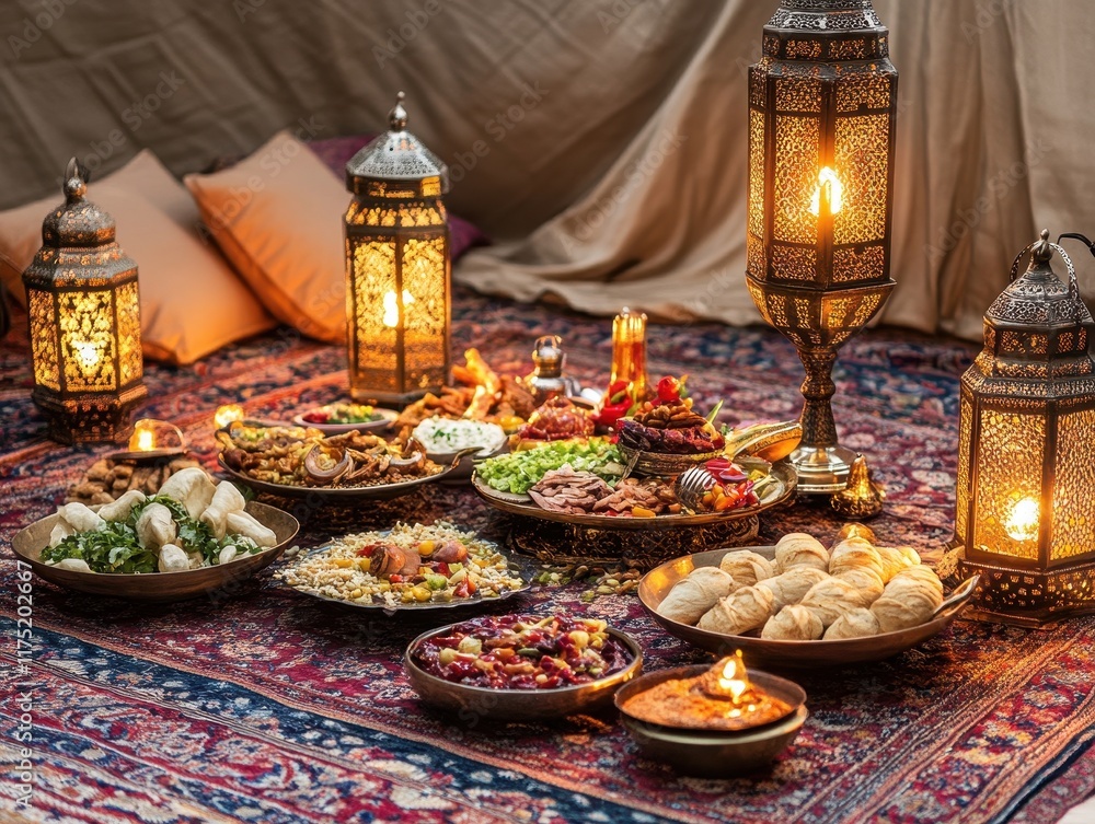 A Festive Middle Eastern Meal Under Lantern Light A Festive Middle Eastern Meal Under Lantern Light