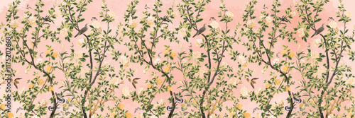 A three-panel set illustrating a dreamy garden of peonies and citrus with birds and butterflies flying, Illustration, Watercolor background.