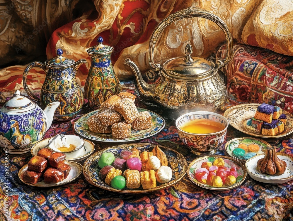 Fototapeta premium A Luxurious Middle Eastern Tea Party Setting with Pastries and Sweets