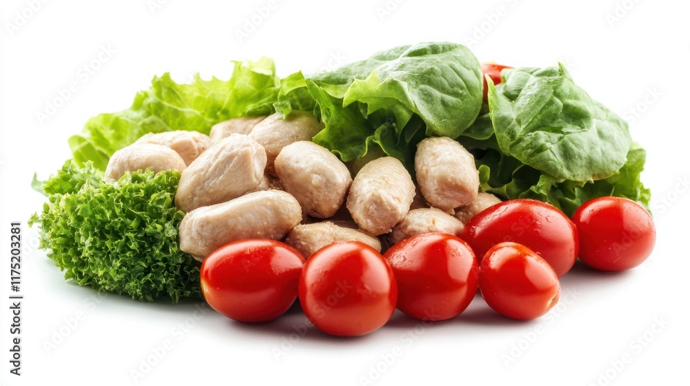 A chicken wrap with a light drizzle of dressing, packed with lettuce, tomatoes, and chicken, on a white background A chicken wrap with a light drizzle of dressing, packed with lettuce, tomatoes, and chicken, on a white background