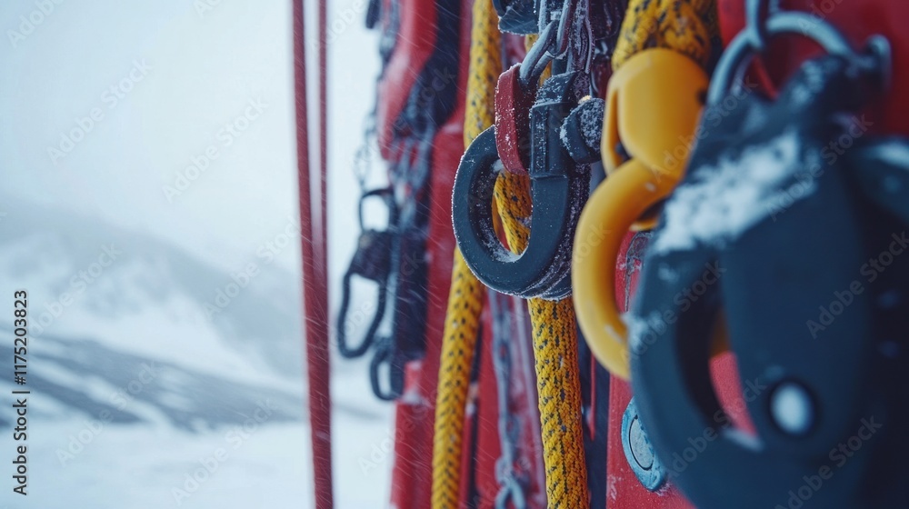 Fototapeta premium Pulleys and harnesses are meticulously arranged ready for action against a breathtaking backdrop of snow-covered mountains