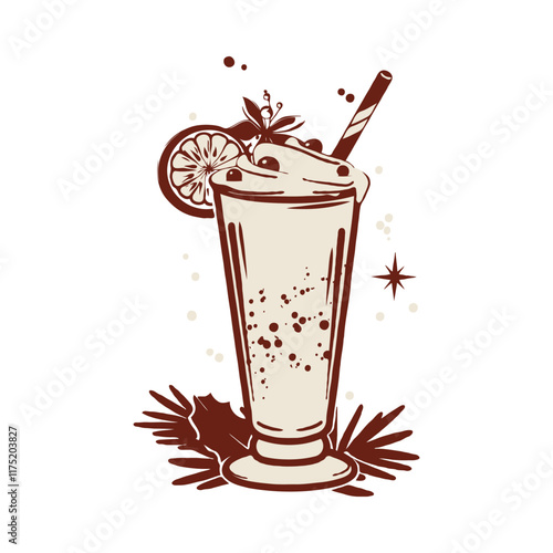 Illustration of a festive holiday Eggnog drink with straw on a white background. Concept of Christmas celebration