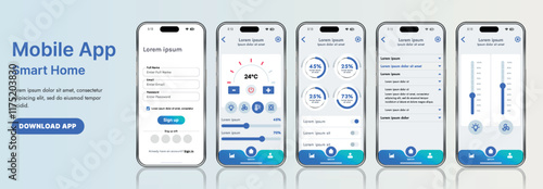 A sleek smart home application interface template featuring modern icons and a gradient design. Includes navigation menus for managing devices, monitoring security, controlling temperature