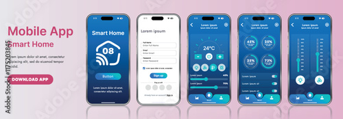 A sleek smart home application interface template featuring modern icons and a gradient design. Includes navigation menus for managing devices, monitoring security, controlling temperature