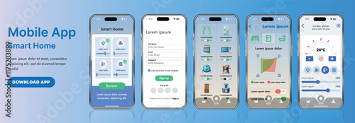 A sleek smart home application interface template featuring modern icons and a gradient design. Includes navigation menus for managing devices, monitoring security, controlling temperature