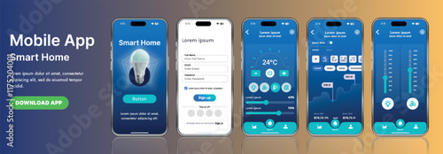 A sleek smart home application interface template featuring modern icons and a gradient design. Includes navigation menus for managing devices, monitoring security, controlling temperature