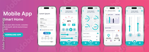 A sleek smart home application interface template featuring modern icons and a gradient design. Includes navigation menus for managing devices, monitoring security, controlling temperature